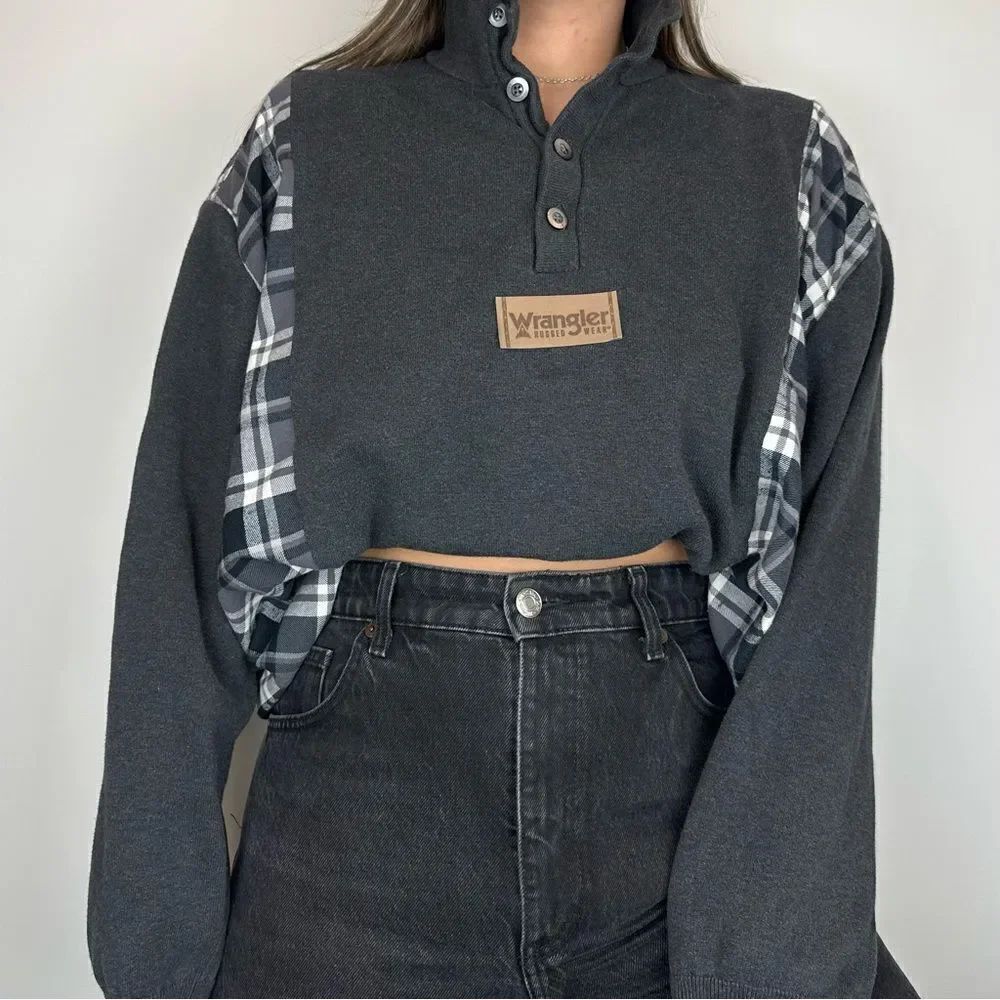 Reworked Wrangler Sweater Shirt Country Gray Henley Long Sleeve Flannel Plaid